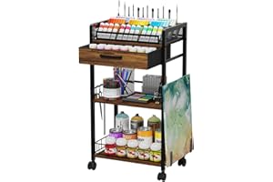 Homsorout 3 Tier Rolling Cart - Metal Utility Cart with Storage Drawer and Wheels, Versatile Art & Craft Organizer for Home, Office, or Studio Ideal for Storing Brushes, Paints, and Supplies Brown