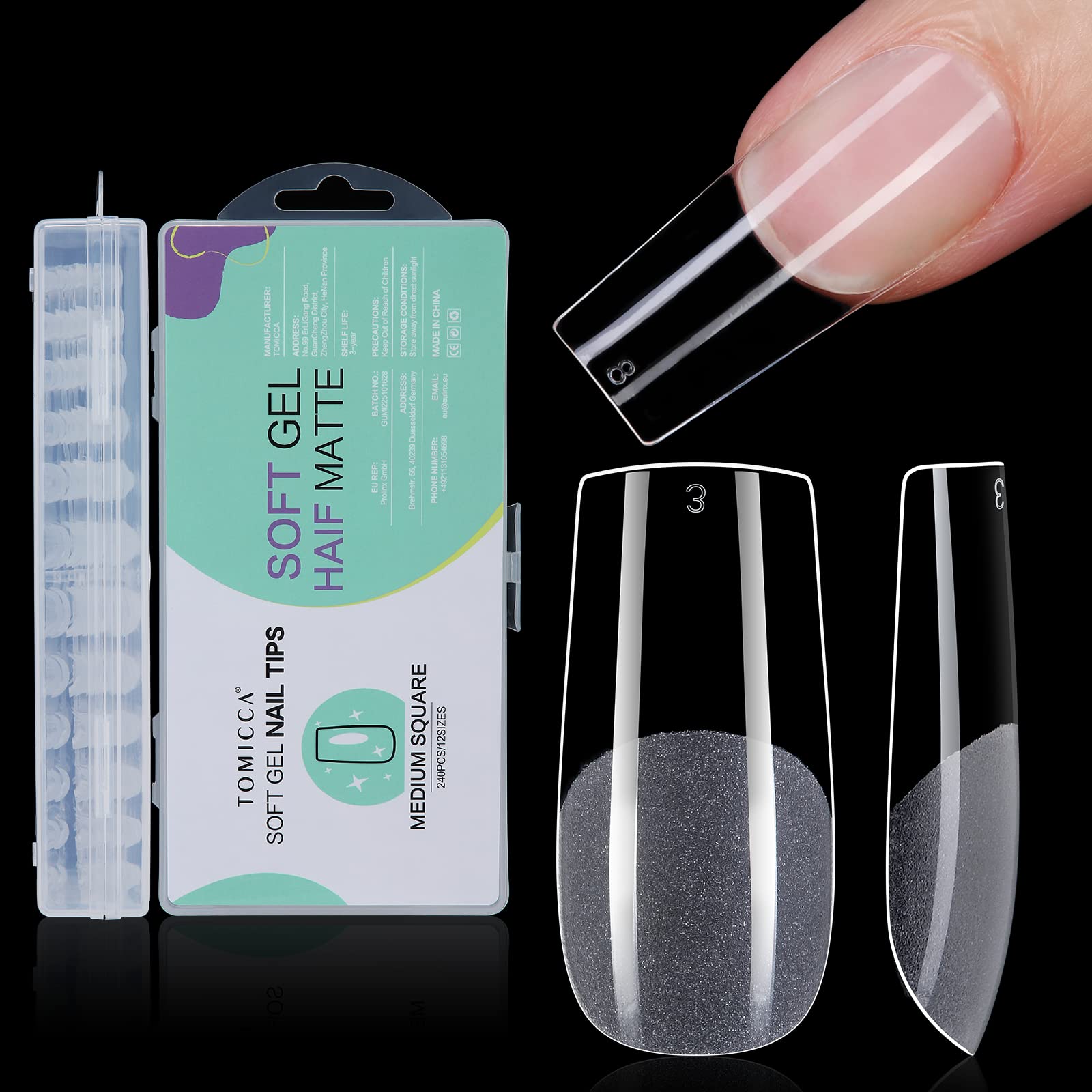 TOMICCA 240Pcs Medium Square Gel Nail Tips - Half Matte Full Cover Pre-Buffed Tips | Traceless Application for Salon & Home, 12 Sizes