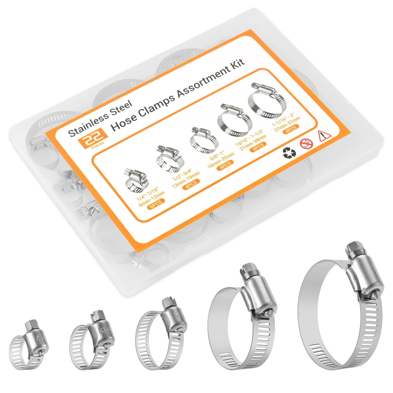 Photo 1 of 22pcs Premium Stainless Steel Hose Clamp Assortment Kit, Worm Gear Clamps, 1/4"-2" (6-51mm) Small Hose Clamps for Plumbing, Automotive, Industrial, and Home Use