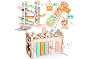Wooden Montessori Toys for Toddlers 1-3, Baby Pounding Hammering Toy with Xylophone & Fishing Game, Car Ramp Racer, Stacking 