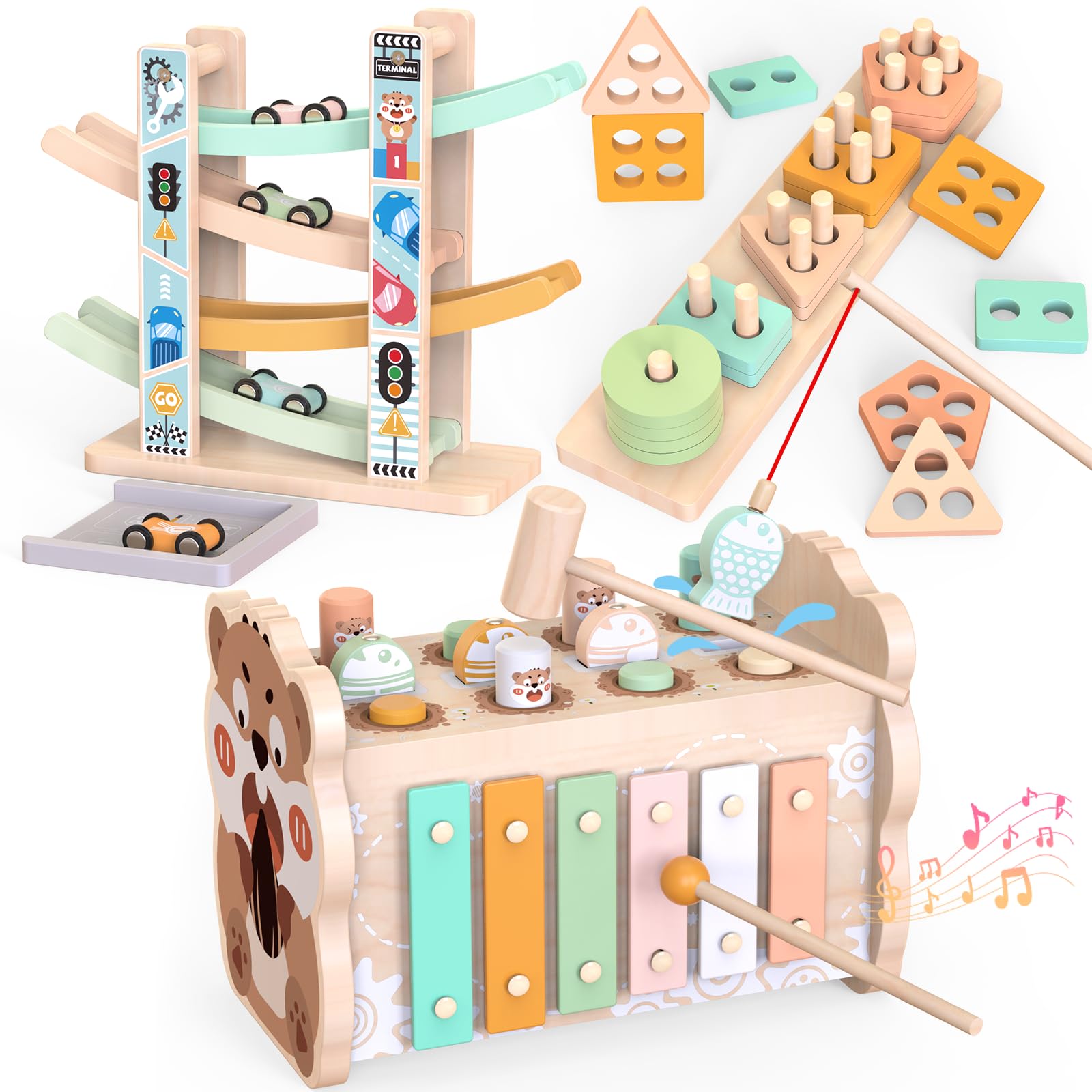 Photo 1 of Wooden Montessori Toys for Toddlers 1-3, Baby Pounding Hammering Toy with Xylophone & Fishing Game, Car Ramp Racer, Stacking Blocks & Shape Sorter, 3 in 1 Learning Multi-Activity Set for 1 + Year Old