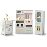 Teamson Kids Little Chef Savannah Wooden Montessori Play Kitchen, Green | Modular Three-Piece Set, Sink Cart Stove &amp; Fridge, Ages 3+, For Boys and Girls