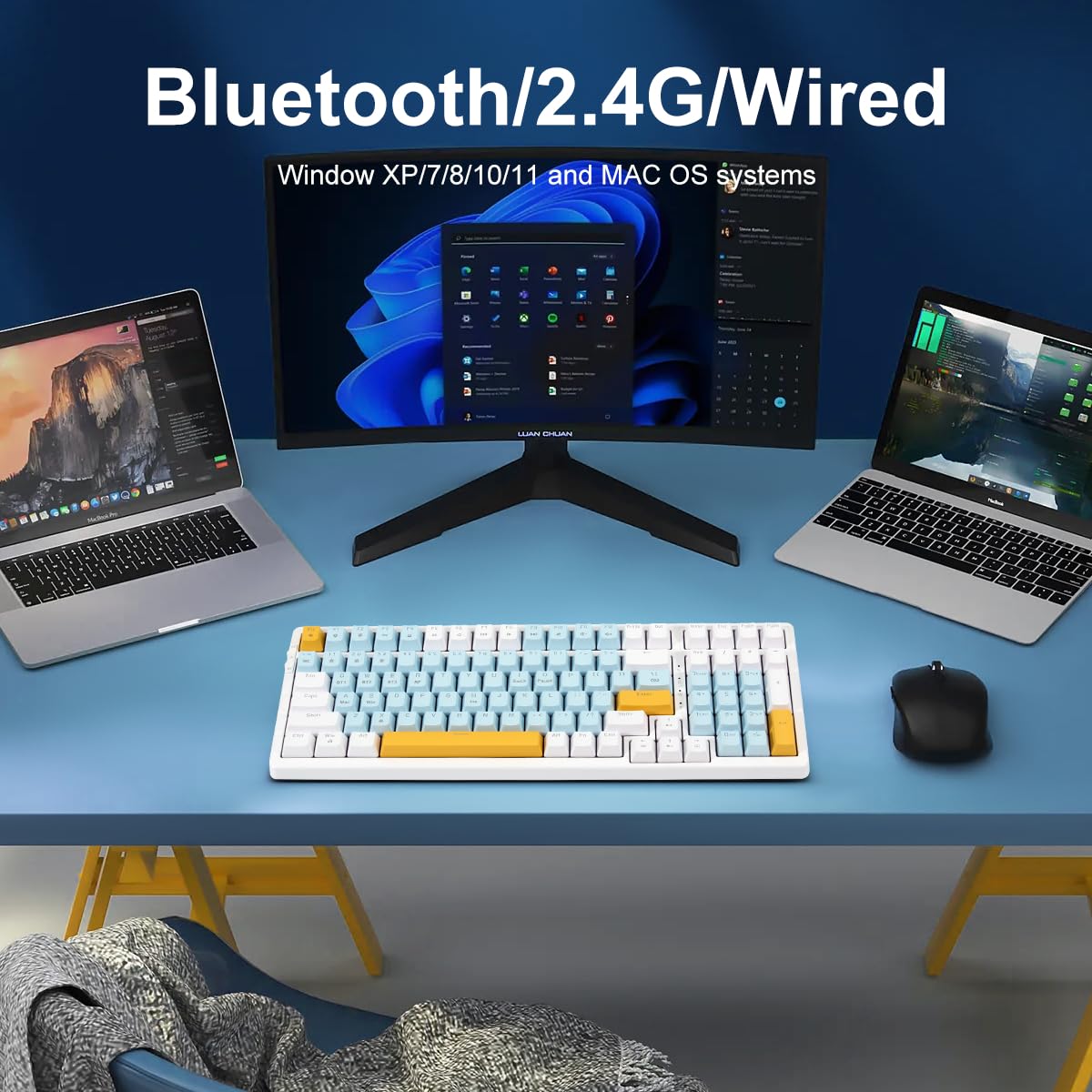 Merdia Wireless Mechanical Keyboard, Triple Mode 2.4G/USB-C/BT Gaming Keyboards 100 Keys Ice-Blue Backlit, Red Switch Keyboard | Rechargeable Mechanical Gaming Keyboards | Ice Blue/W/Y