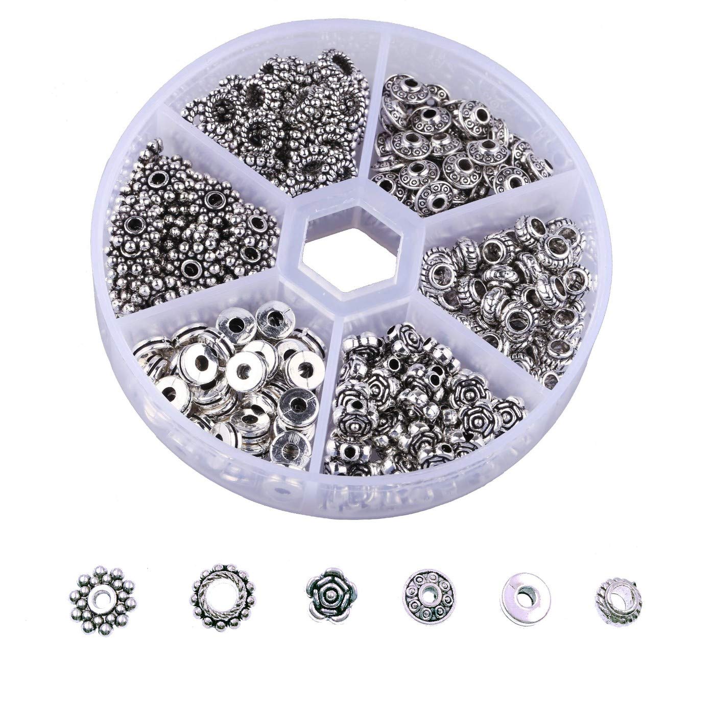 JZK 300 Pcs Assorted Antique Tibetan Silver Plated Alloy Spacer Beads Charms for Jewellery Making findings kit Set Earring Bracelet Necklace Making Accessory