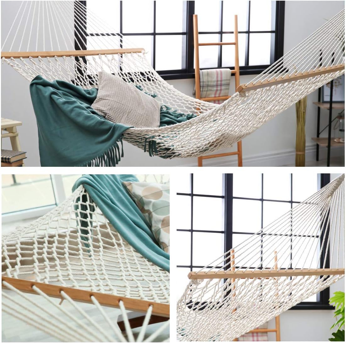 Y- STOP 13.2FT Hammocks,Traditional Cotton Rope Hammock with Chains and Hooks for Outdoor,Indoor,Patio Yard,Double Solid Wood,for Two Person,Max 440 Lbs(Natural): Kitchen & Dining