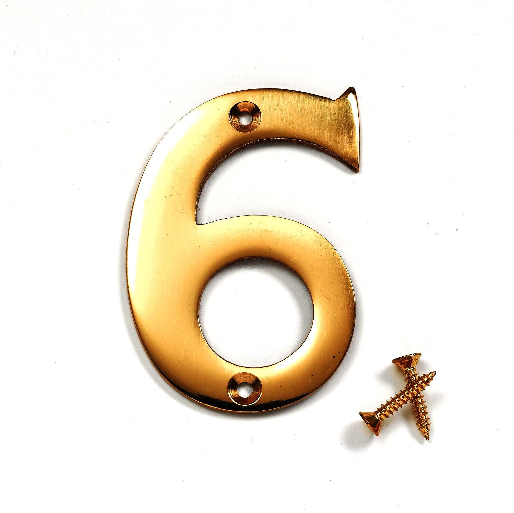 Merriway BH04273 Polished and Lacquered Solid Brass Screw-On House Flat Gate Post Numeral 50 mm (2 Inch) Number 6