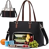 LOVEVOOK Lunch Bag for Women, Leather Laptop Tote Bag with Insulated Lunch Compartment for Work, Office