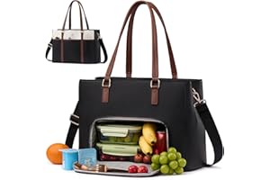 LOVEVOOK Lunch Bag for Women, Leather Laptop Tote Bag with Insulated Lunch Compartment for Work, Office