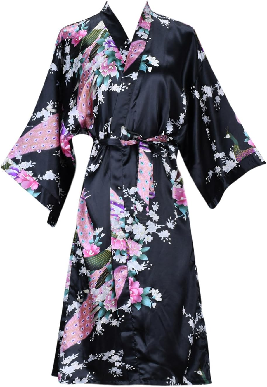 Women Kimono Robe Silk Pajamas Loungewear Peacock Satin Nightwear