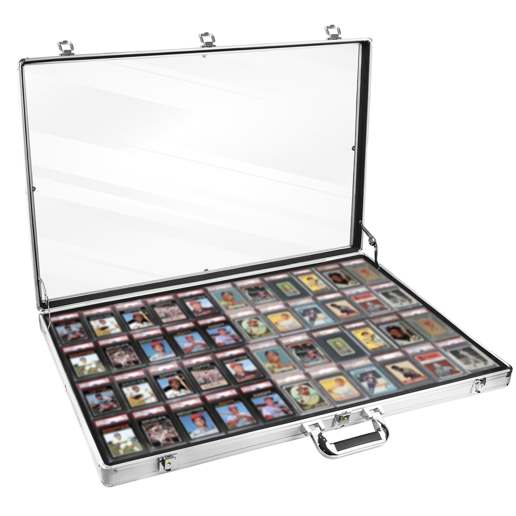 Photo 1 of ***jUST THE CARD LINERS**
Silver Large 34"x22" Aluminum Show Card Display Case, Lockable Trading Card Display Case with Handle, Sports Card/TCG/Jewelry Display Box Silver