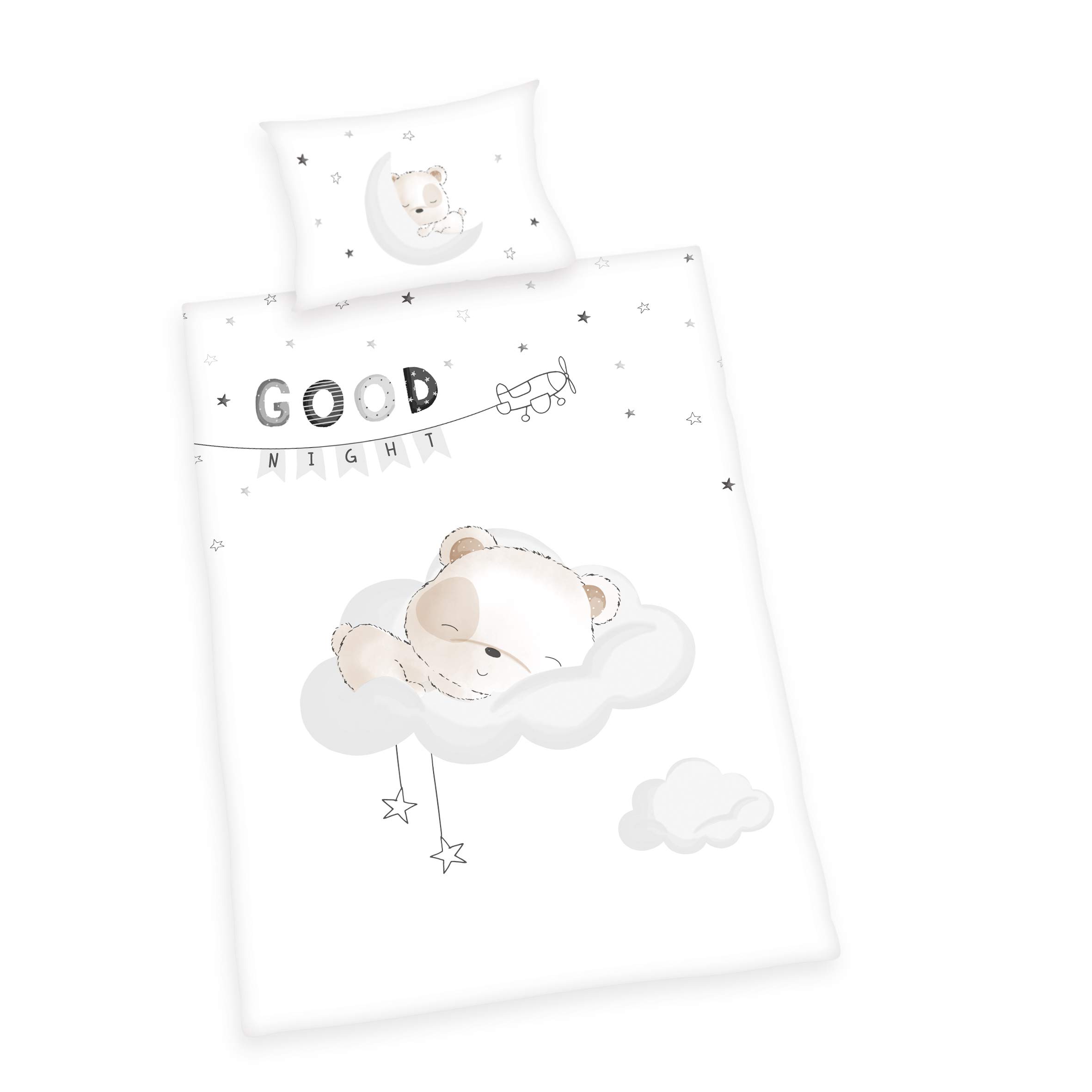 Herding Toddler Bedding Set, Sleeping Little Bear Reversible Motif, Duvet Cover 100x135cm, Pillow Case 40x60cm, Cotton/Renforcé