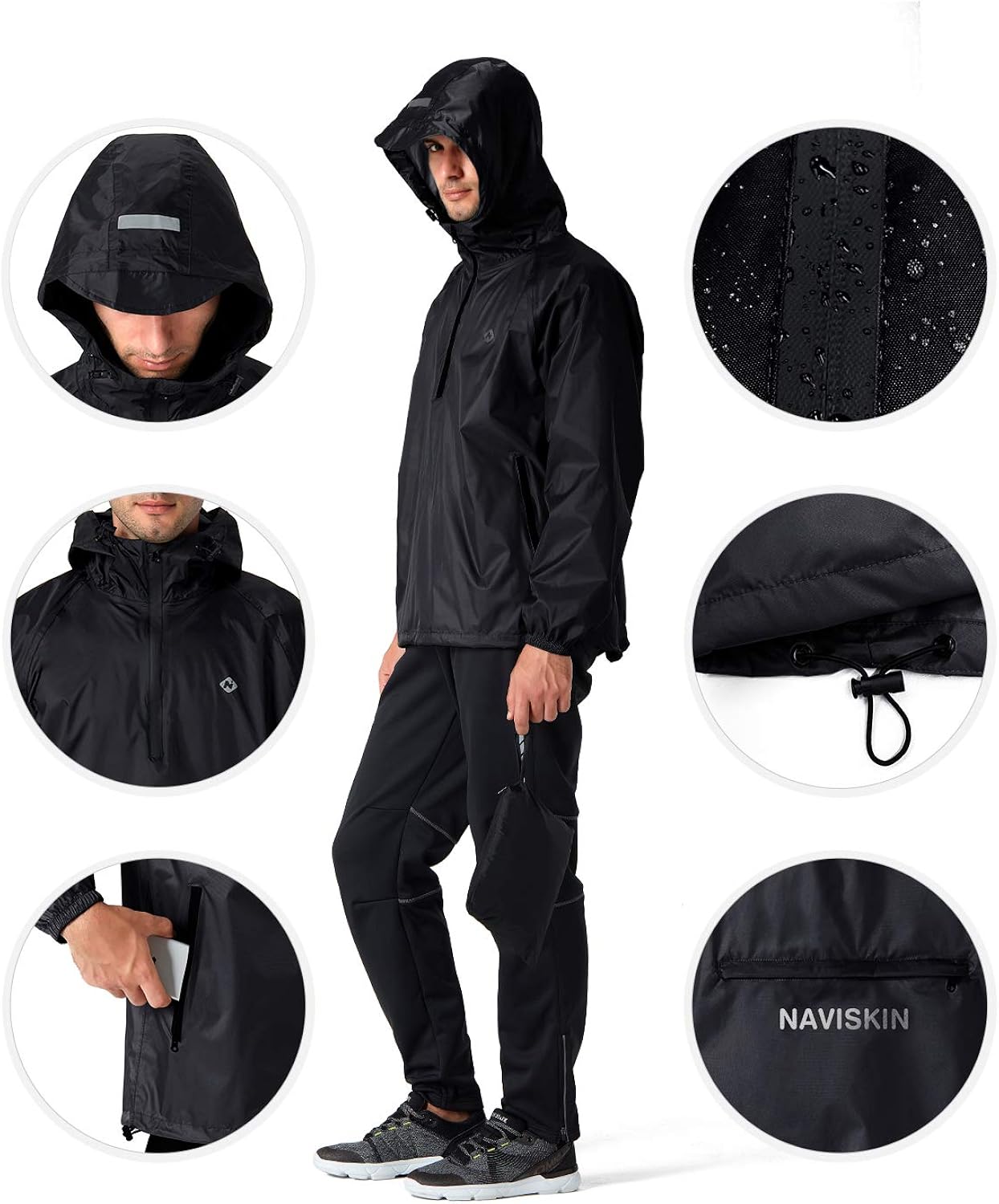 Naviskin Men's Waterproof Rain Jacket Packable Outdoor Hooded Raincoat Poncho: Clothing