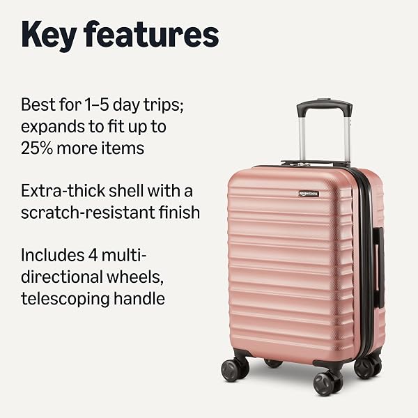 AMAZON BASICS 21″ HARDSIDE CARRY-ON LUGGAGE WITH MULTI-DIRECTIONAL WHEELS, EXPANDABLE FOR UP TO 25% MORE SPACE, SCRATCH-RESISTANT SURFACE, ROSE GOLD