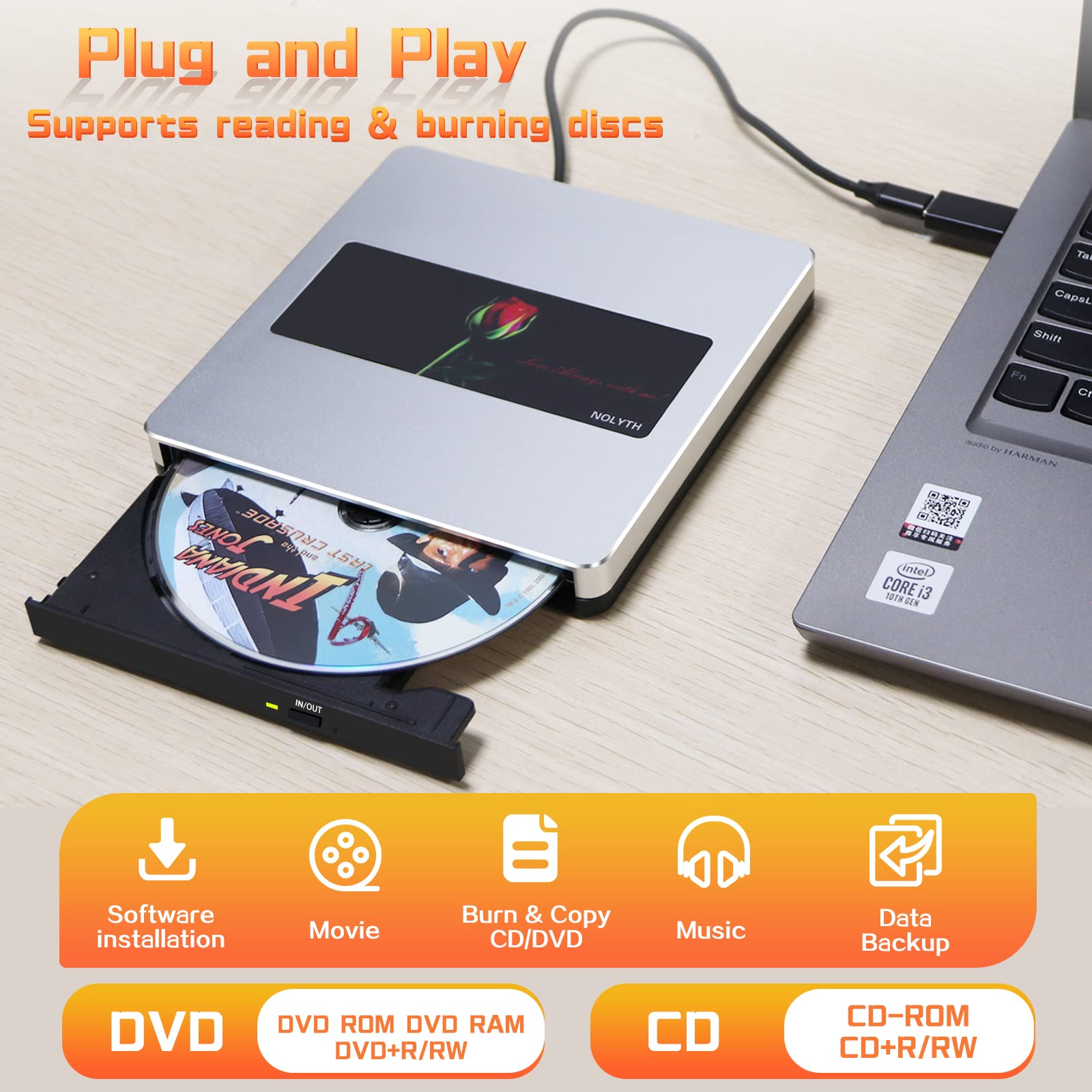 NOLYTH External CD Drive for Mac USB C SuperDrive for Apple, Portable DVD Drive Player for Laptop, Slim CD Burner Optical CD/DVD Drives Disk Reader for PC MacBook Computer Desktop