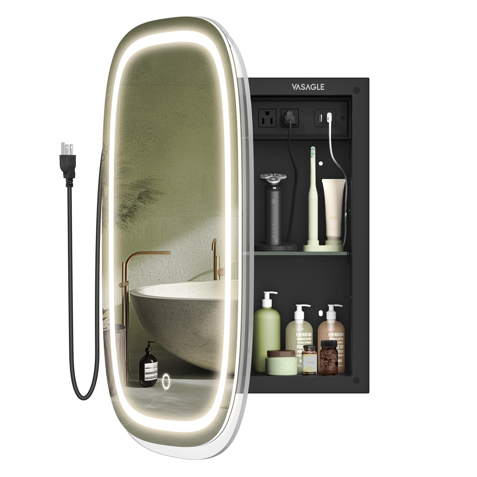 VASAGLE Medicine Cabinet with Mirror and Lights, Wall-Mounted Bathroom ...