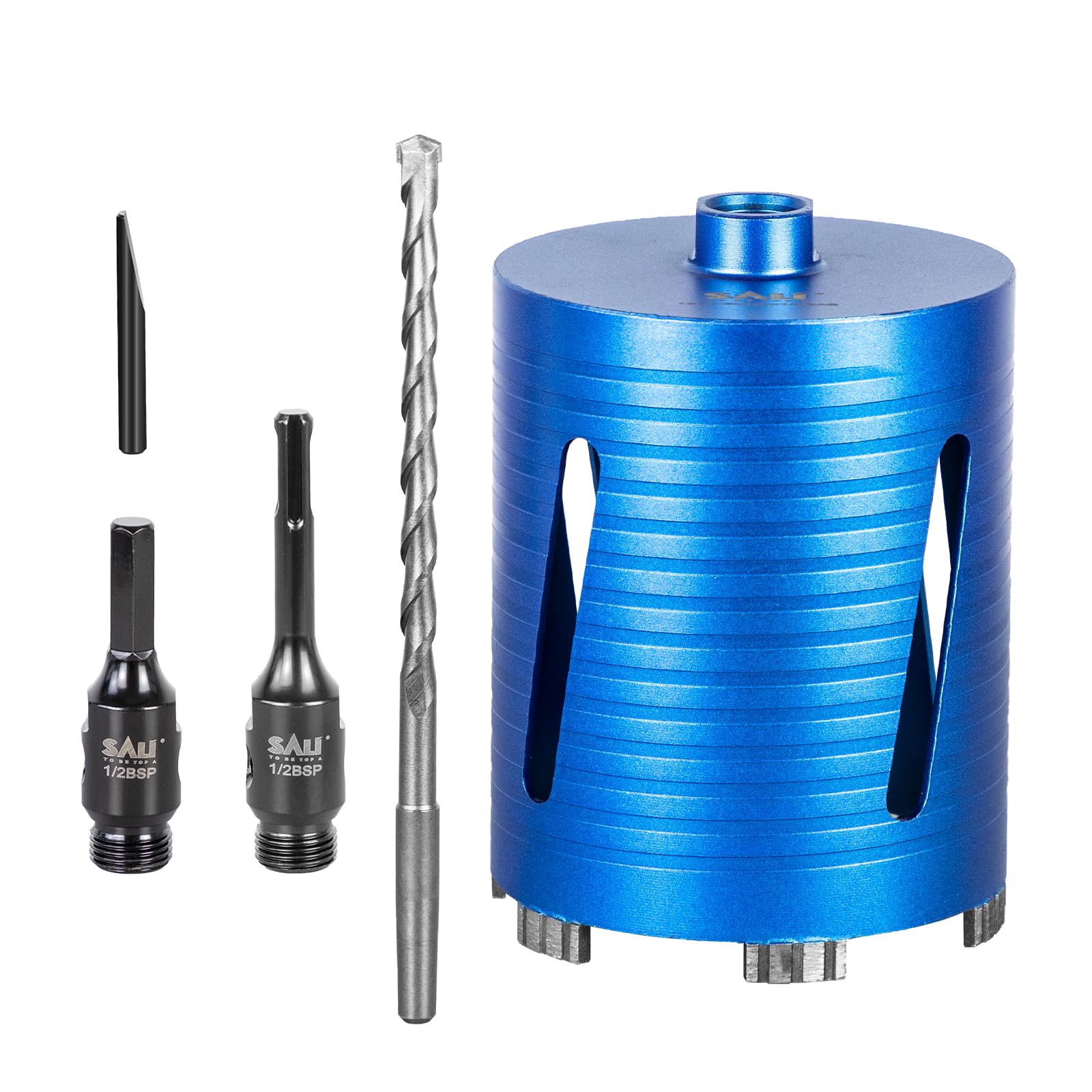 Diamond Core Drill Bit Set - 127mm x 150mm Long Turbo Laser-Welded Segments for Concrete, Brick, Block, Stone Masonry, Granite - SDS & Hex Shank Adapter, Centre Drill Bit