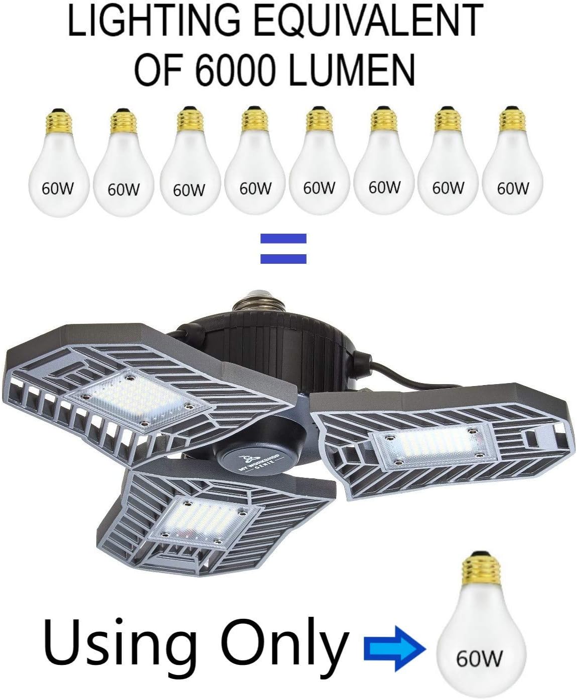 LED Garage Light -Premium 6000 Lumen Ultra Bright LED Lights - Triple Glow LED Light -Deformable LED Garage Lights - 400W Equiv-60W Work Light Fits E26/27 Base Garage Ceiling Light -My Workshop Genie - - 