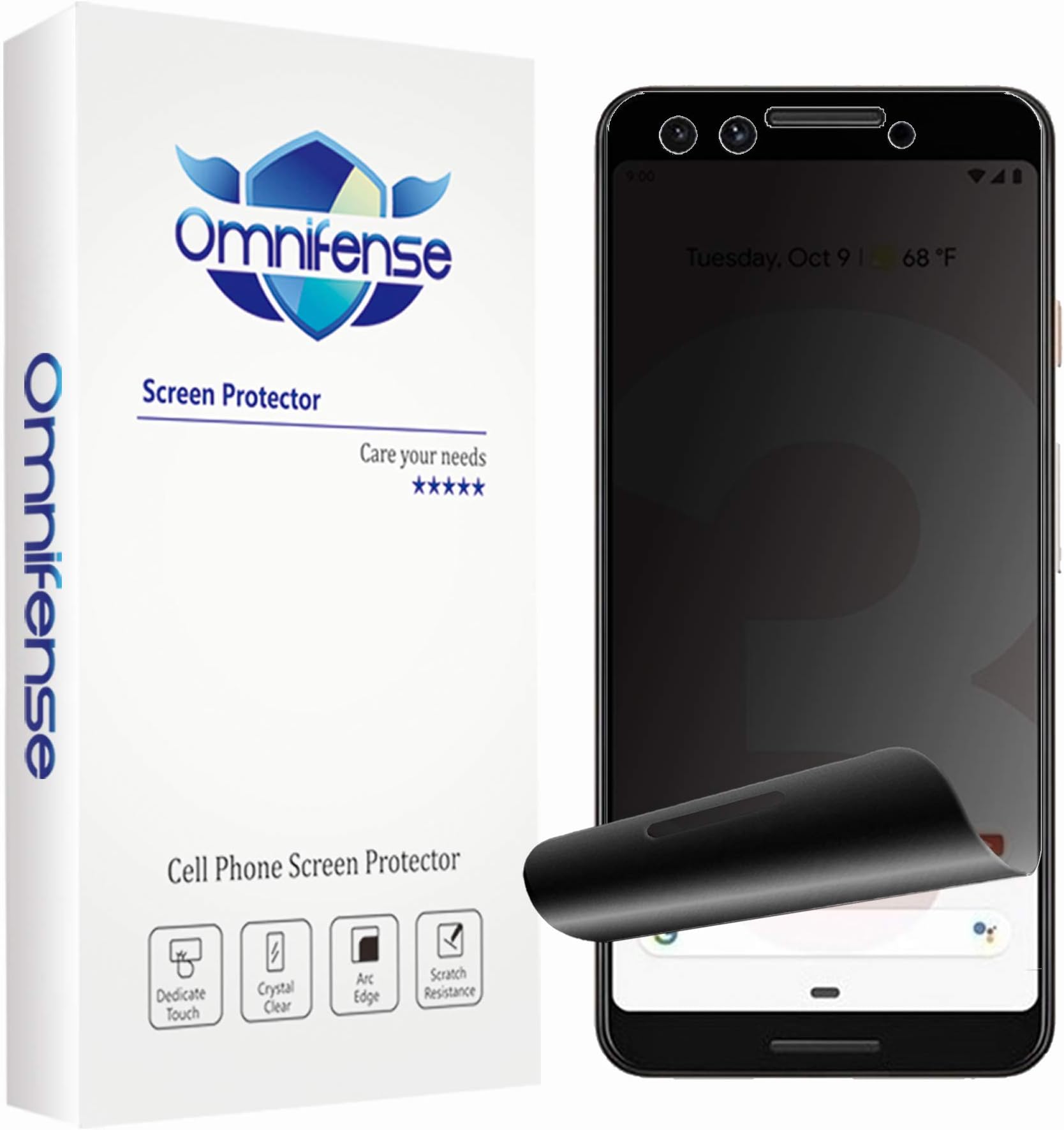 Google Pixel 3 Screen Protector Privacy, 2-Way Anti Spy (2 Pack) Full Coverage Full Adhesive Glue Nano Shield, Omnifense Curve Edge Fit Soft Film (NOT Tempered Glass) for Google Pixel 3