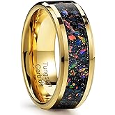 Zillaly Men's Gold Tungsten Ring, Wedding Band, Inlaid with Star Opal, Brilliant Bevel Comfort Fit Size 7-14, Comes with Beautiful Box