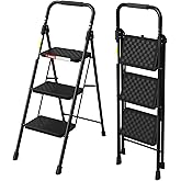 HBTower 3 Step Ladder, Folding Step Stool with Wide Anti-Slip Pedal | Step Stool Foldable with Cushioned Handle for Home and Kitchen, Black