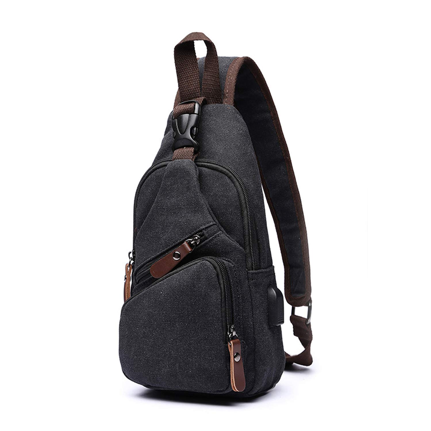 FANDARE New Sling Bag Men Chest Pack with USB Crossbody Bag One Strap Backpack Messenger Bag for Travel Cycling Camping Hiking Waterproof Canvas Black