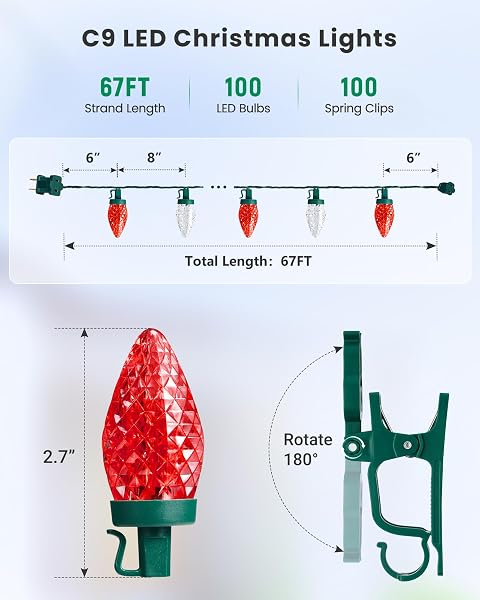 SURAIELEC C9 LED CHRISTMAS LIGHTS WITH CLIPS, 67FT 100 COUNT OUTDOOR CHRISTMAS ROOF LIGHTS WITH SPRING CLIPS, RED & WARM WHITE STRING LIGHTS FOR HOUSE, GUTTERS, SHINGLES, ROOFLINE, UL LISTED