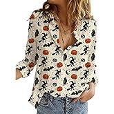 Hawaiian Button Down Shirts for Women Halloween Thankgiving Christmas Valentines St Patricks Long Sleeve Tops Blouse