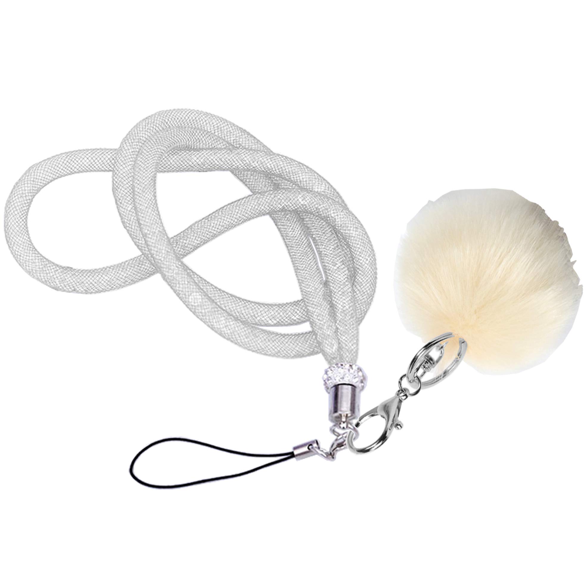 MOTIVE LIFE Lanyard with Pompom and Fishnet Tube Filled with Sparkly Rhinestones,Bling Strap for Phone,Camera,ID Badge and USB Key,Long-White