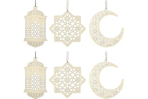 MAITYS 6 Pieces Wooden Pendant Ornament Ramadan Kareem Decoration Moon Star Wind Light Shape Pendant Ornament for Ramadan Mubarak Eid Decorations (Wood Color)