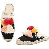 TONIVIS Women's Mule Flat Shoes with Tassel & Pompom, Espadrilles Slides Backless Slipper Slip on Shoes