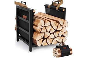Zettfuly Firewood Rack Indoor Outdoor with Firewood Carrier, Fireplace Wood Log Holder Heavy Duty Metal, Indooor Firewood Holder for Fireplace Wood Storage, 16 inch, Black