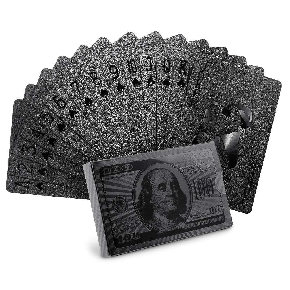 Joyoldelf Cool Black Playing Cards with Dollar Pattern, Waterproof Deck of Cards in Gift Box for Magic, Game and Party