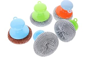 Healeved 5 Sets Stainless Steel Pan Scrubbers with Short Handles Rust-Resistant Metal Wire Balls Random Color