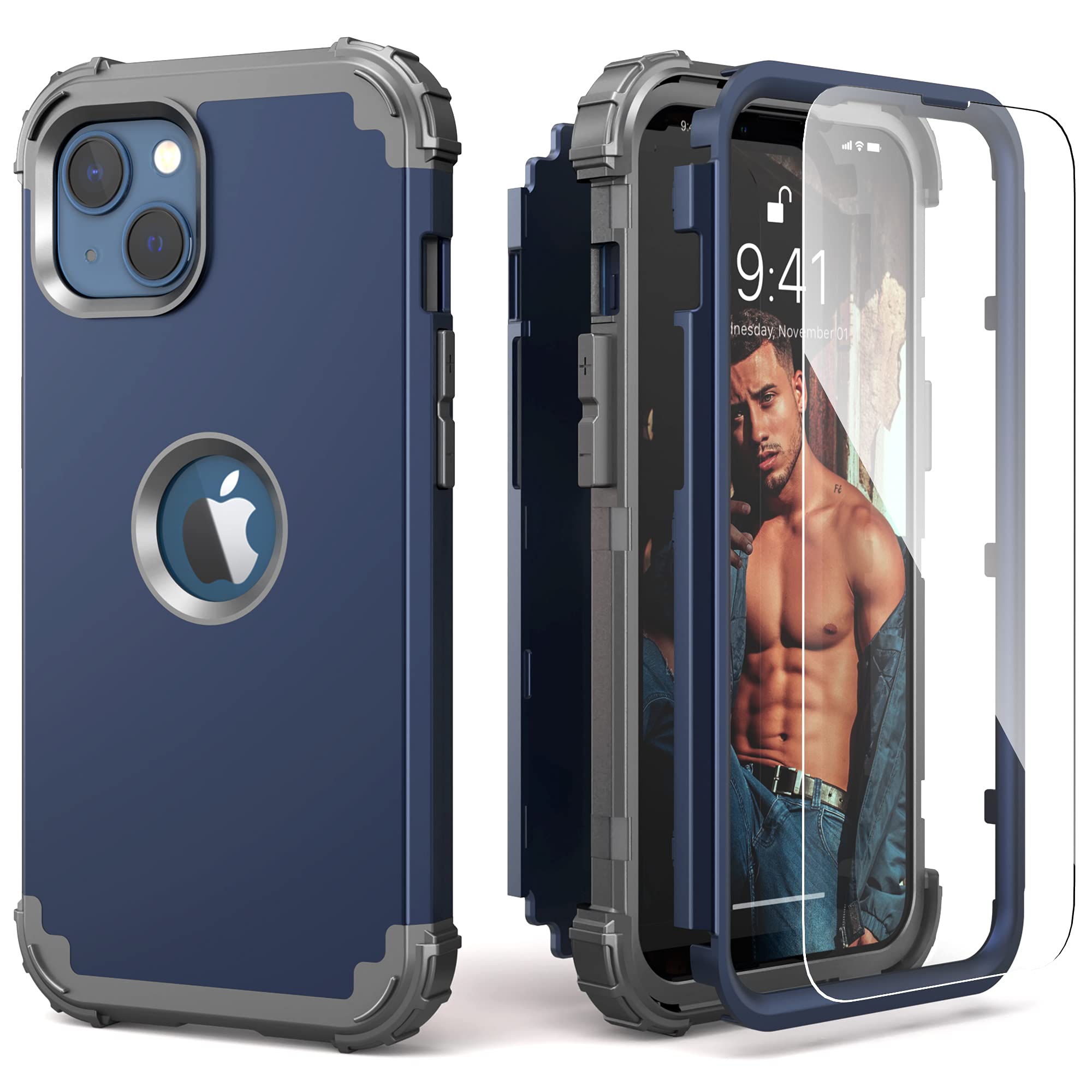 IDweel for iPhone 13 Case with Screen Protector, for iPhone 14 Case, Hybrid Shockproof Heavy Duty Protection Hard PC Cover Soft Silicone Sturdy Bumper Full Body Cover for iPhone 13/14 6.1",Blue