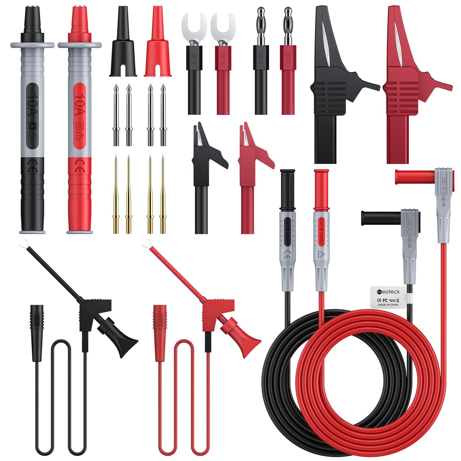 Neoteck 24-Piece Multimeter Test Leads Kit with Banana Plugs, Interchangeable Probe Tips and Alligator Clips for Electricians, School Lab
