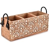 NIRMAN Mango Wood 3 Compartment Multi Purpose Utensil Cutlery Racks for Cutlery, Napkins, Cups Caddy Organizer (11" x 4" x 4.5")