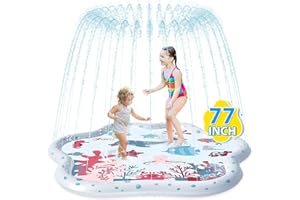 JONYJ Splash Pad, 77" Sprinkler for Kids and Toddlers, Fun Backyard Sprinkler & Splash Play Mat for Learning, Outdoor Swimming Pool Inflatable Water Toys for 3-12 Age Girls Boys (White)