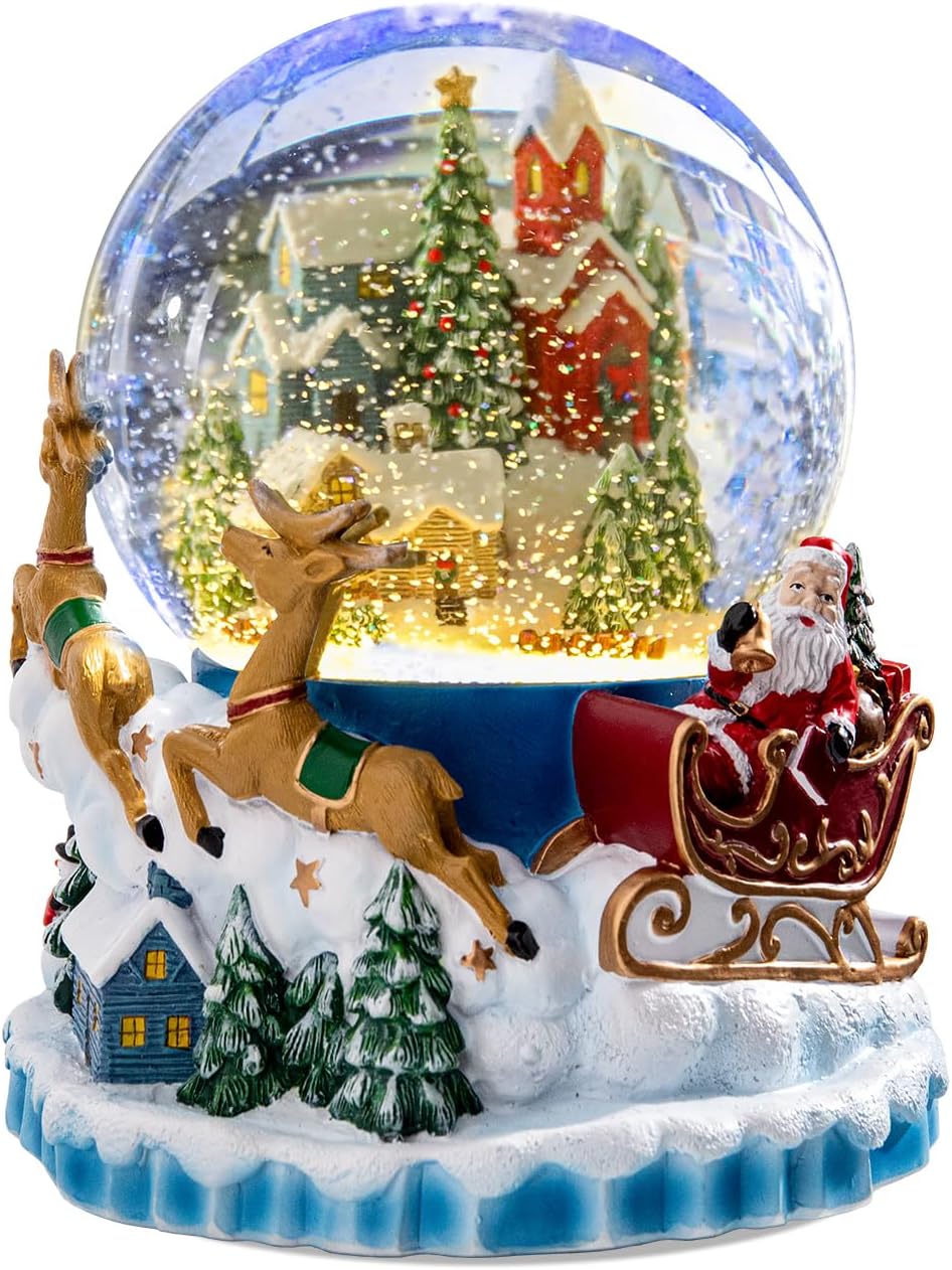 Snow Globes - Bdor Christmas Village Snow Globe Musical Lighted Decoration Santa Reindeer Sled Battery Operated Glitter 8.3