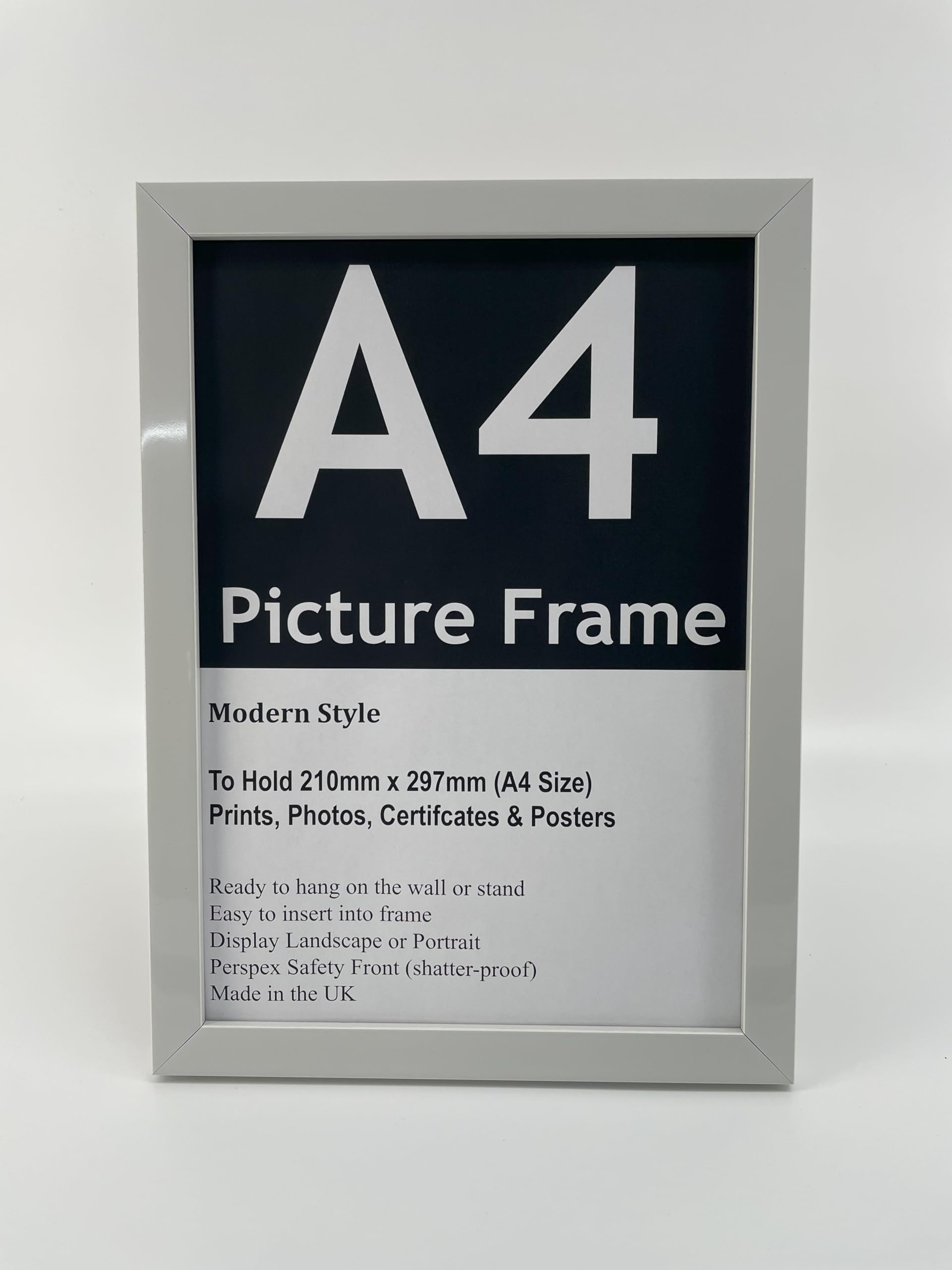 Kwik Picture Framing Ltd A4 Light Grey Picture frame fits A4 (297mm x 210mm) A4 Photo Frame Ideal for A4 certificates, photos, prints and artwork. Hang landscape or portrait wall art display
