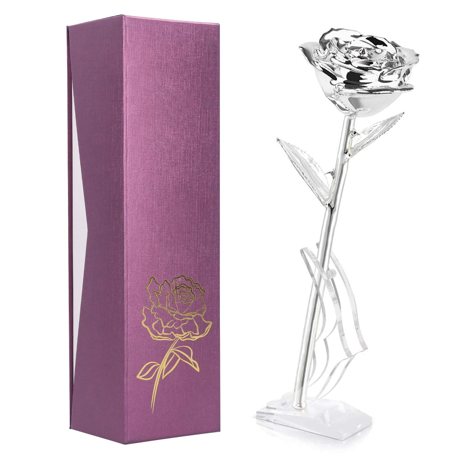 Forever Flowers Rose Gifts for Mum, 24K Gold‑Plated Rose with Bracket Wedding Decoration Ornament Wonderful Gift for Valentine's Day Anniversary(Silver)
