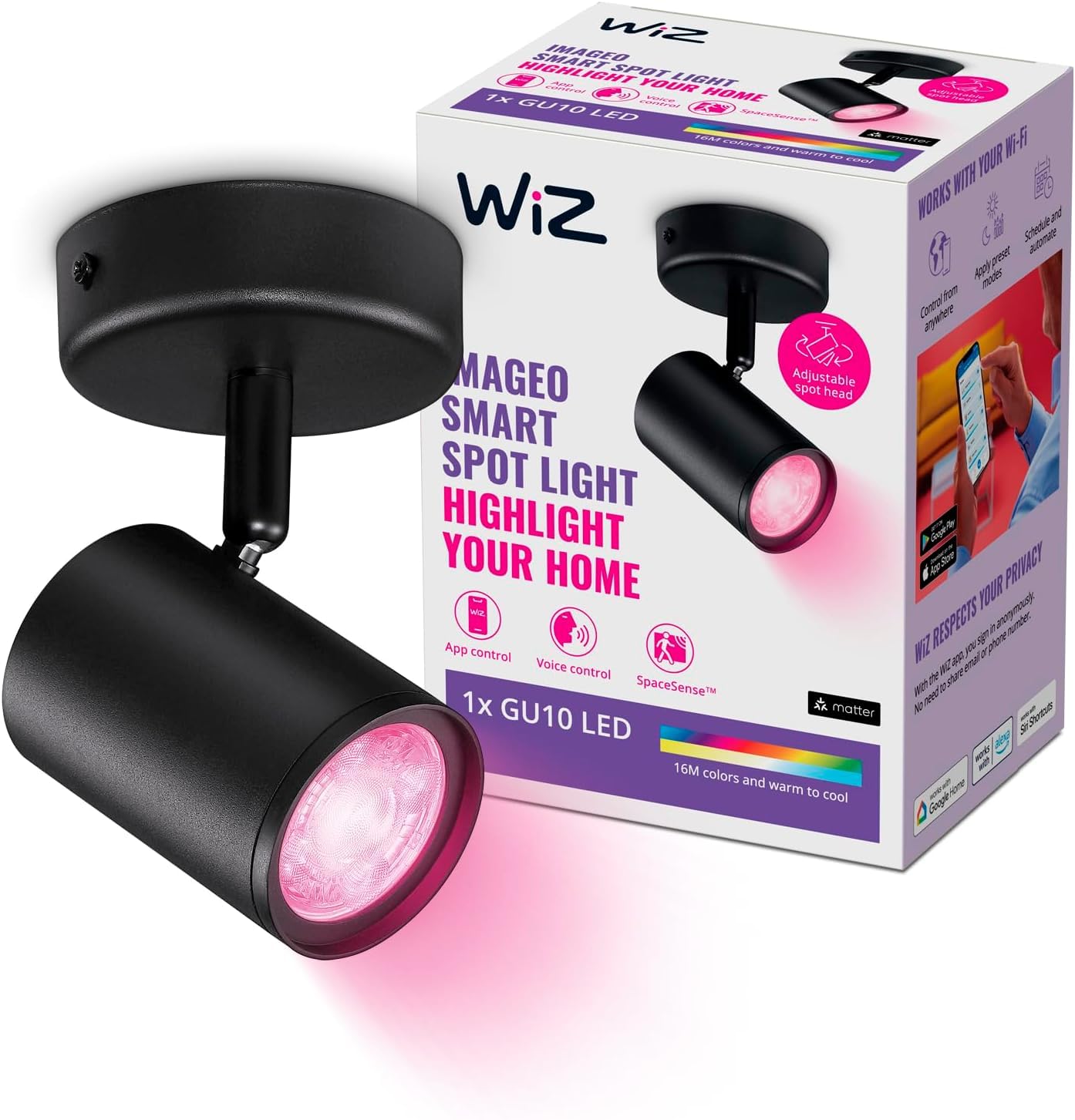 WiZ Colour Imageo Smart Connected WiFi Ceiling Light Spot Fixture. [1 Spot - Black] App Control for Indoor Home Lighting, Livingroom and Bedroom