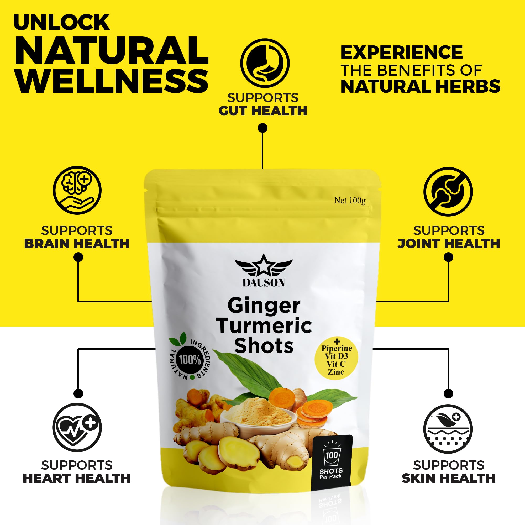 Ginger Turmeric Supplements with Piperine, Vitamin C, Vitamin D3 & Zinc | Turmeric Ginger Shots for Joint, Heart, Brain, Gut & Skin Health | 100 Servings | Ayurvedic | Powder