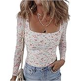 RoseSeek Women's Floral Fitted Top Square Neck Long Sleeve T Shirts Undershirts Cute Tops