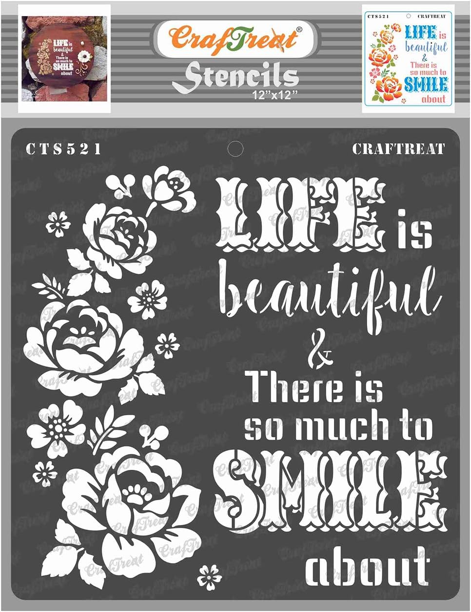 CrafTreat Reusable Quote Stencils for Painting on Wood Canvas, Paper, Fabric, Floor, Wall and Tile, Smile Now -12x12 Inch