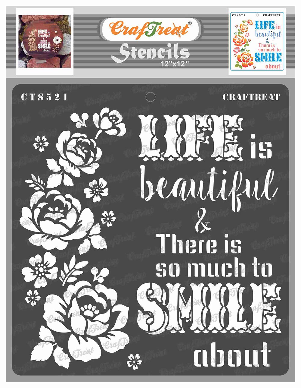 CrafTreat Reusable Quote Stencils for Painting on Wood, Canvas, Paper, Fabric, Floor, Wall and Tile - Smile Now -12x12 Inch - Rose Stencils for Painting - Flower Stencils and Templates for Painting