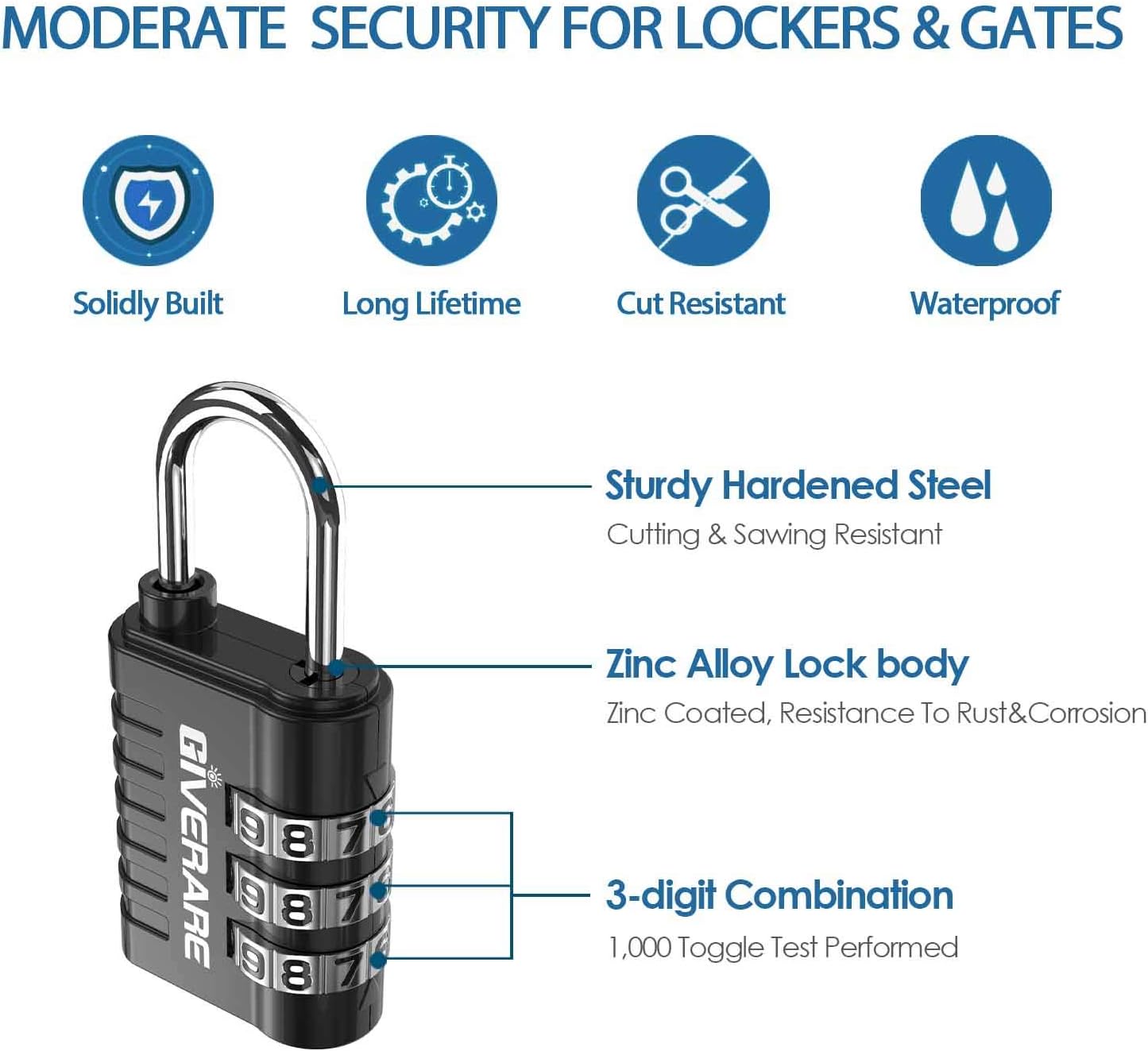 GIVERARE 8 Pack Combination Lock, 3-Digit Padlock Keyless, Resettable Luggage Locks for Backpack, Gym & School & Employee Locker, Weatherproof Travel Lock for Fence, Backyard Gate, Hasp, Case-Black - - 