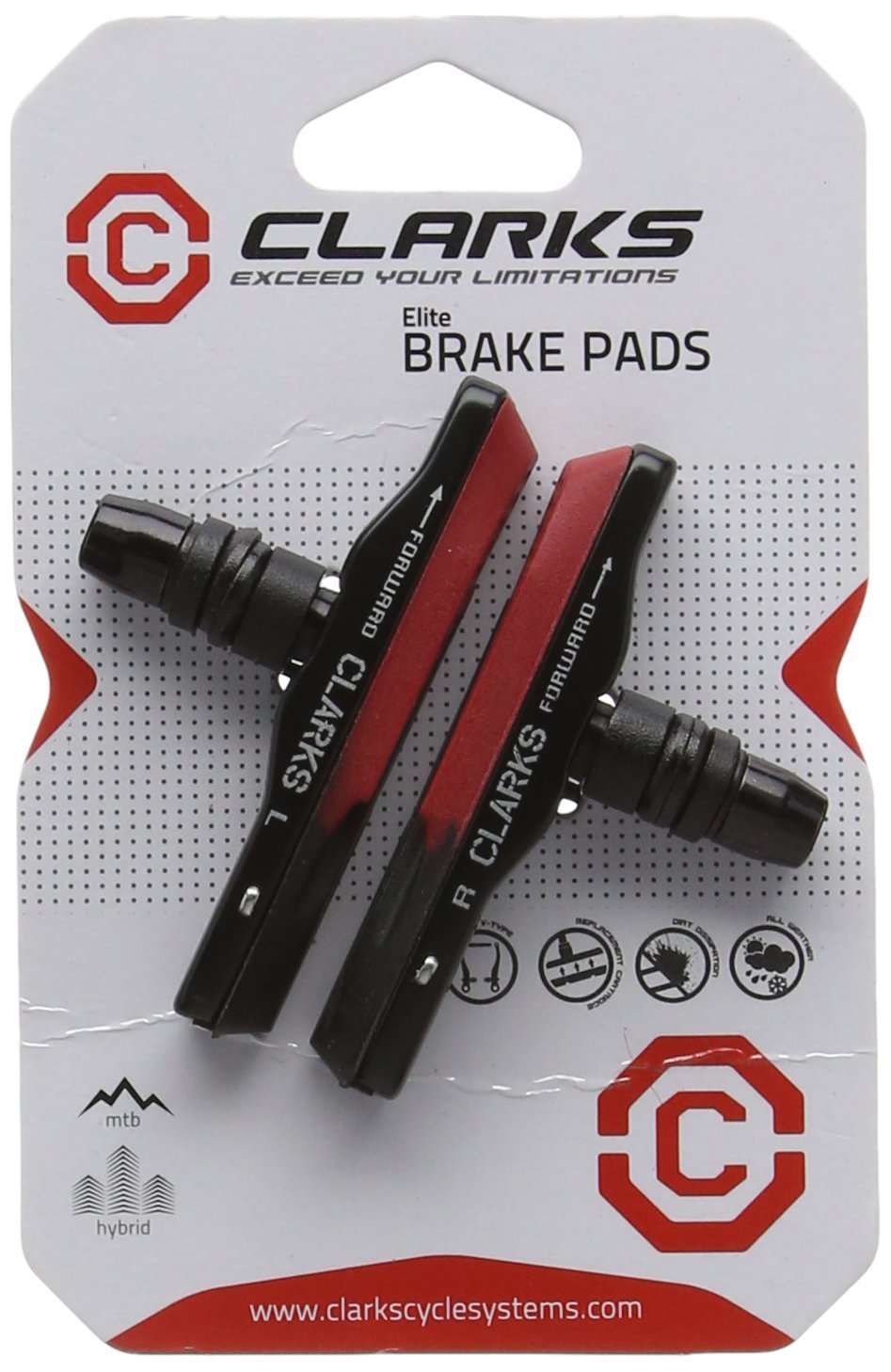Clarks Mountain Rim Brake Pads - Pair of 72mm Alloy Carrier Brake Pads with Replacement Inserts Compatible with Mountain Bikes Ideal for All Weathers