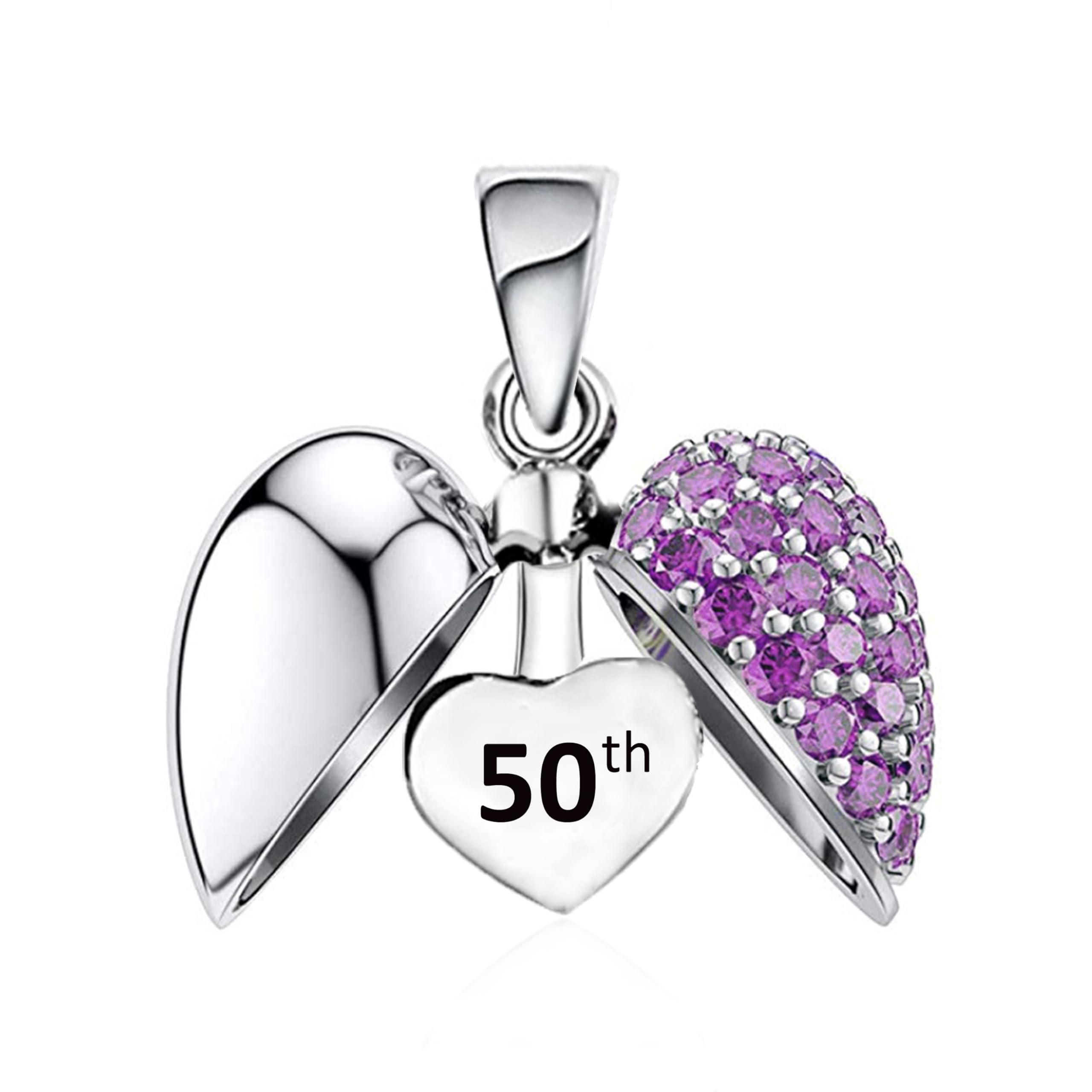 50th Purple Love Heart Charm Bead Necklace Pendant 925 Sterling Silver for Pandora Moment Bracelets - 50 Birthday Her Girls Women - Gift Box