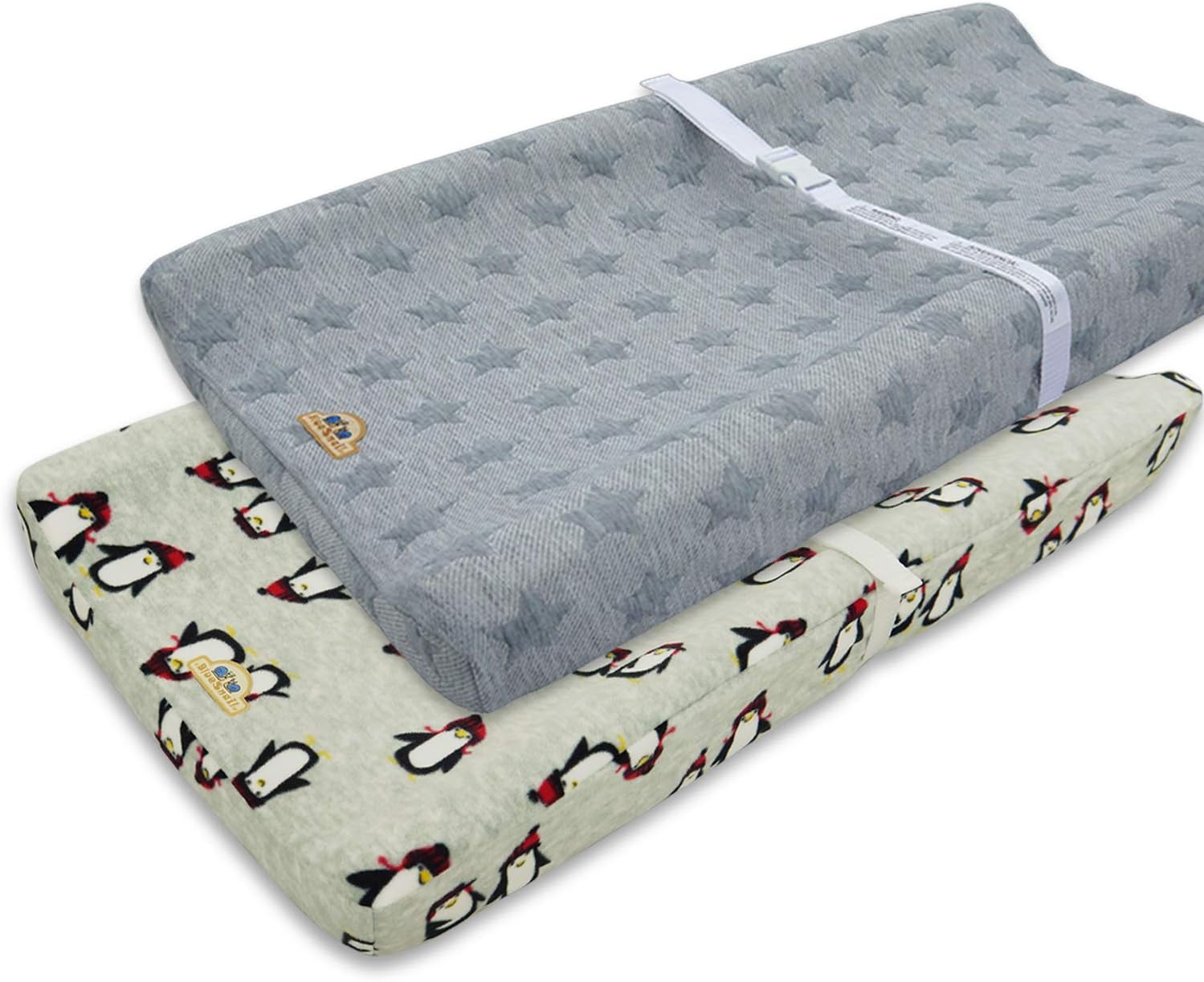 BlueSnail Plush Super Soft and Comfy Changing Pad Cover Change Table Cradle Bassinet Sheets with Straps for Baby 2-Pack (Grey Penguin+Gray)