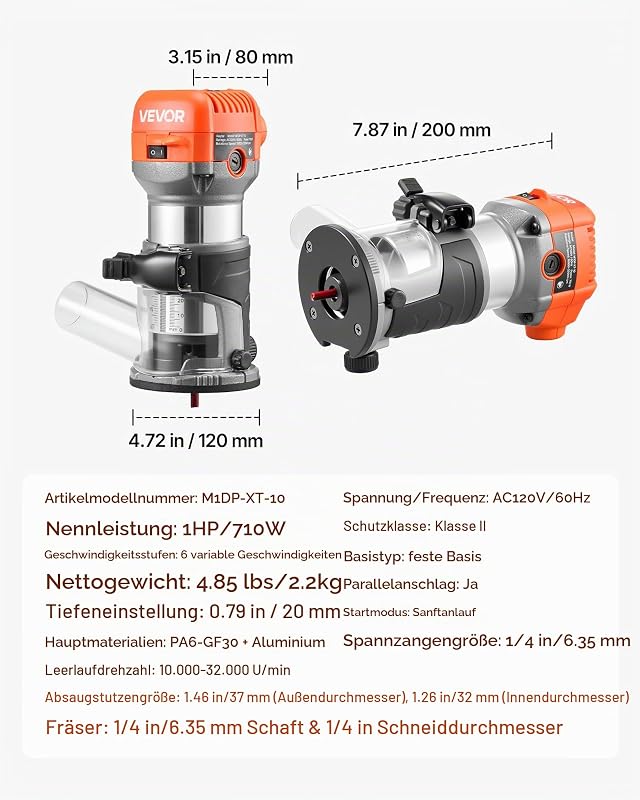 Oberfräse, 710 W, Drehzahlregulierung, Kantenfräse mit Fester Basis & Staubabsaugung, Parallelanschlag, Fräsmaschine für Holzbearbeitung, Trimmen, Heimwerkerprojekte, Kabelgebunden